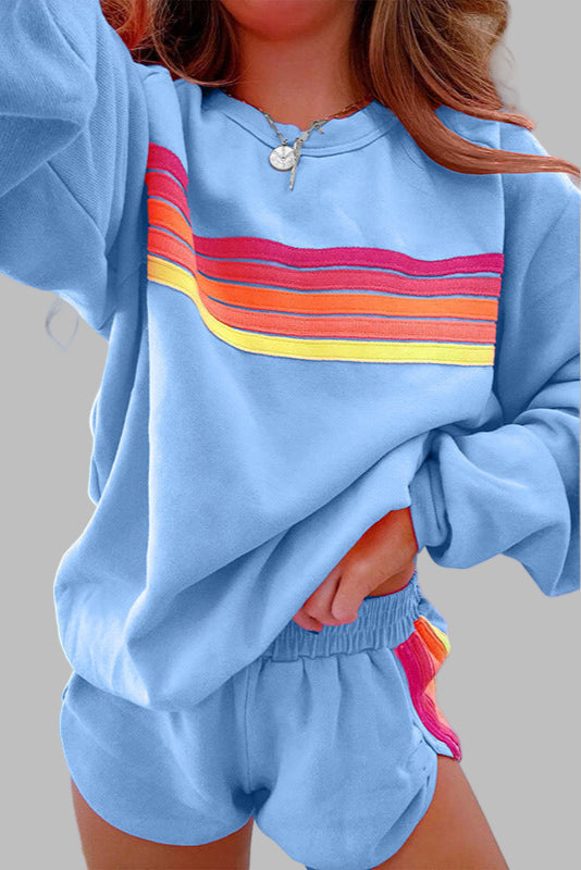 Jovie™ - Comfy Striped Crew Neck Top and Shorts Loungewear Set
