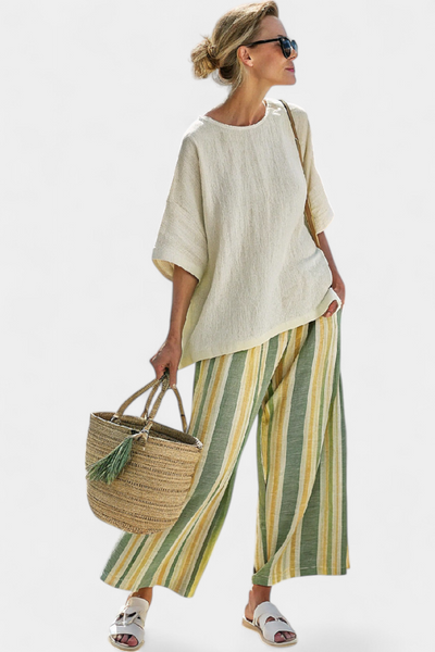Bamboo Linen Daisy Mediterranean Set with Olive Green Stripes for a Refreshing and Sophisticated Style