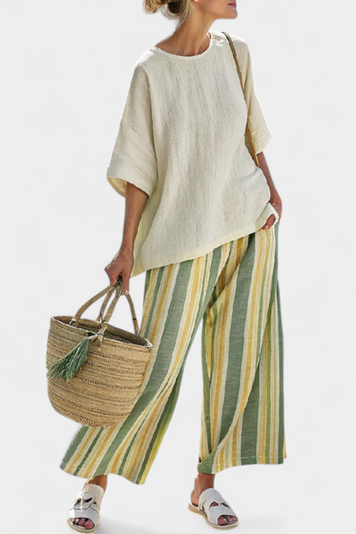 Bamboo Linen Daisy Mediterranean Set with Olive Green Stripes for a Refreshing and Sophisticated Style