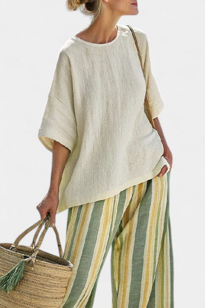 Bamboo Linen Daisy Mediterranean Set with Olive Green Stripes for a Refreshing and Sophisticated Style