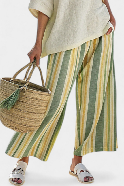 Bamboo Linen Daisy Mediterranean Set with Olive Green Stripes for a Refreshing and Sophisticated Style