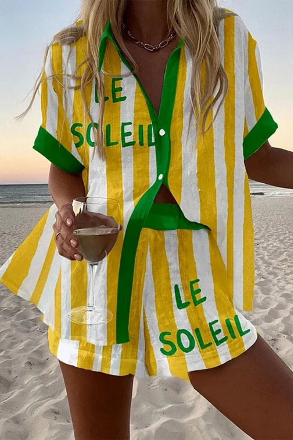 Halora™ | Short Linen Set in Yellow Stripes