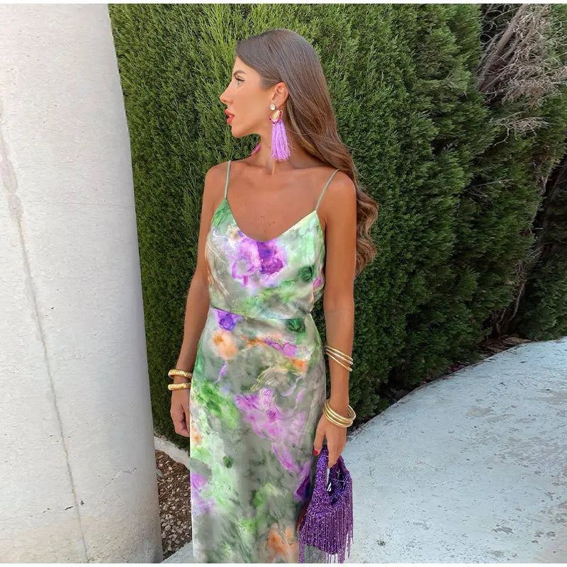Anisten™ | Stylish Maxi Dress with Halo-Dye Print and Detachable Shawl