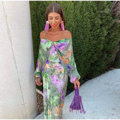 Anisten™ | Stylish Maxi Dress with Halo-Dye Print and Detachable Shawl