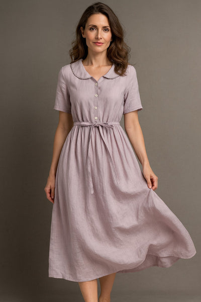 Isla - Elegant Cotton Linen Midi Sleeve Dress