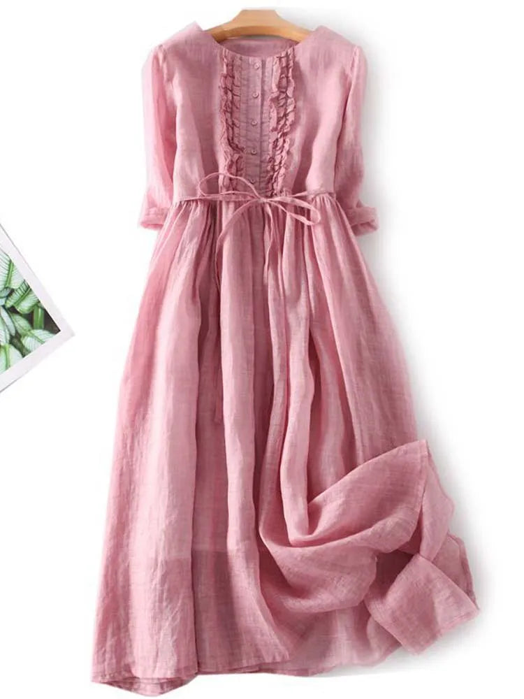 Arya - Women's Art Retro Round Neck Laced Up Waist Dress