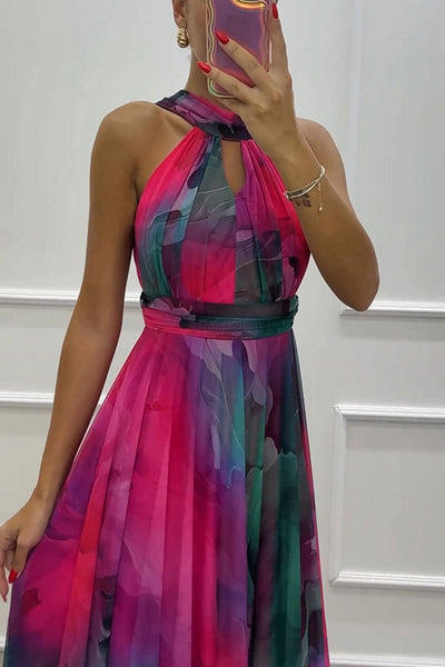 Elaine - Floral Print Tulle Maxi Dress with Cut-Outs and Neck Tie