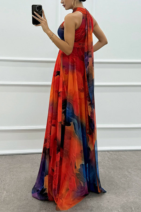 Elaine - Floral Print Tulle Maxi Dress with Cut-Outs and Neck Tie
