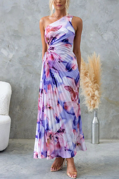 Deja - Floral Pattern One-Shoulder Maxi Dress with Pleats