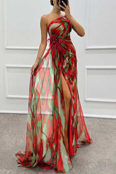 Claudia - Maxi dress without sleeves with watercolour print, feather roses and slit