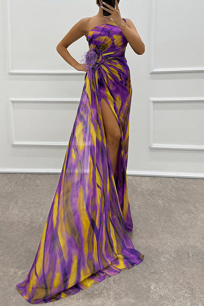 Claudia - Maxi dress without sleeves with watercolour print, feather roses and slit