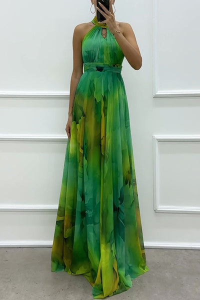Elaine - Floral Print Tulle Maxi Dress with Cut-Outs and Neck Tie