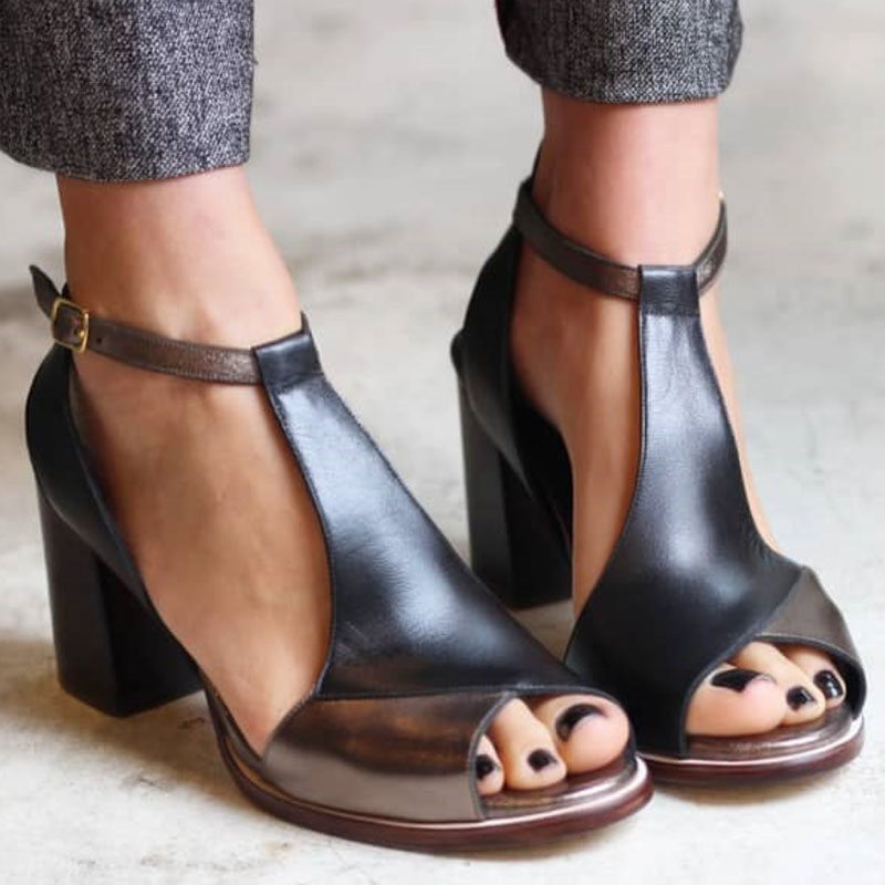 Anyao™ | Heeled Sandals with Open Toes in Black Patchwork