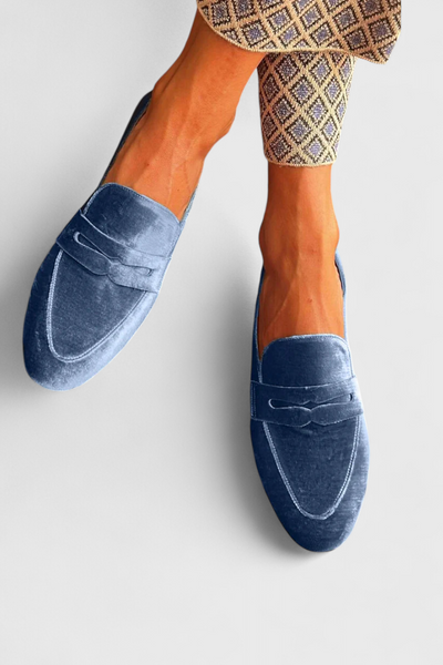 Linica Blue Velvet Loafers with Patchwork Details and Round Toe