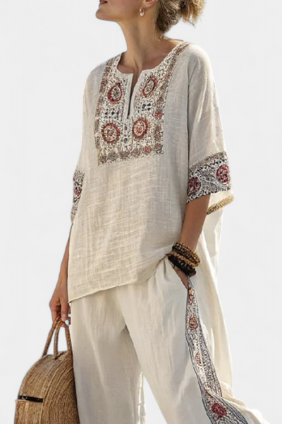 Mediterranean Daisy Outfit in Bamboo Linen with Elegant Red and Green Stripes