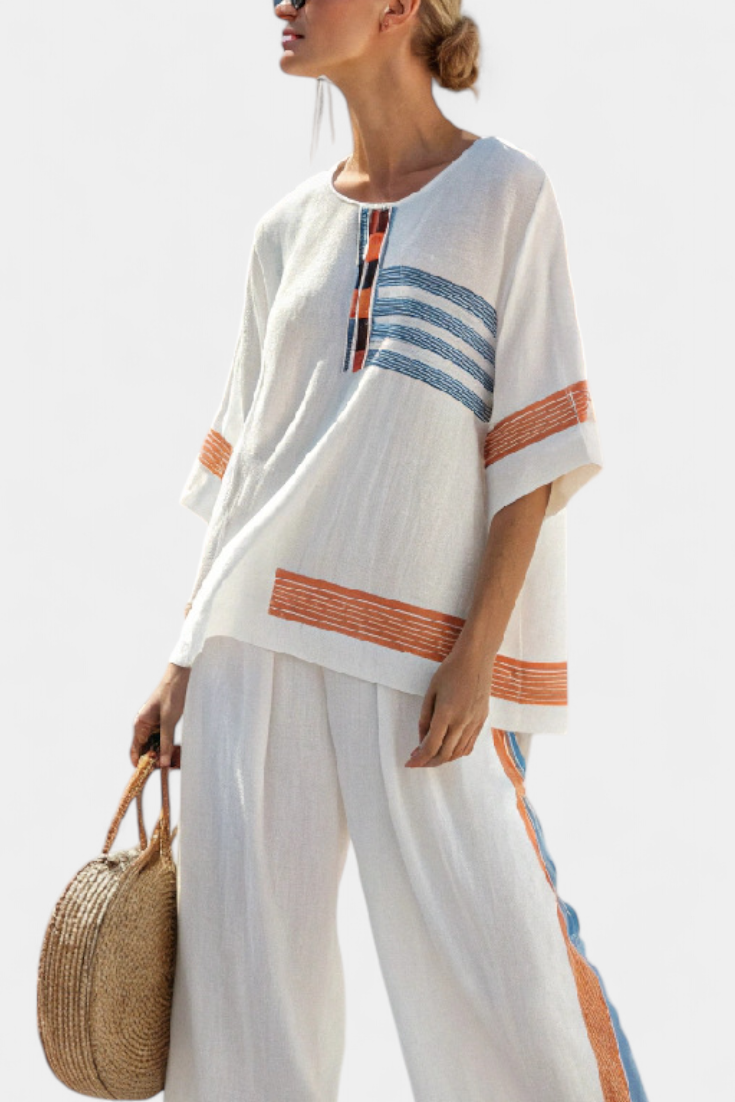 Ethnic Daisy Set in White with Blue and Orange Striped Details – Unique and Vibrant Style