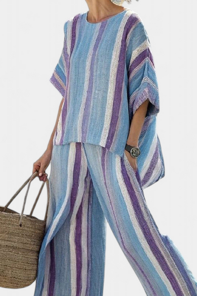 Elegant Daisy Stripe Set in Mauve and Pastel Blue for a Sophisticated Look