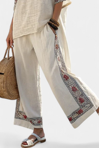 Mediterranean Daisy Outfit in Bamboo Linen with Elegant Red and Green Stripes