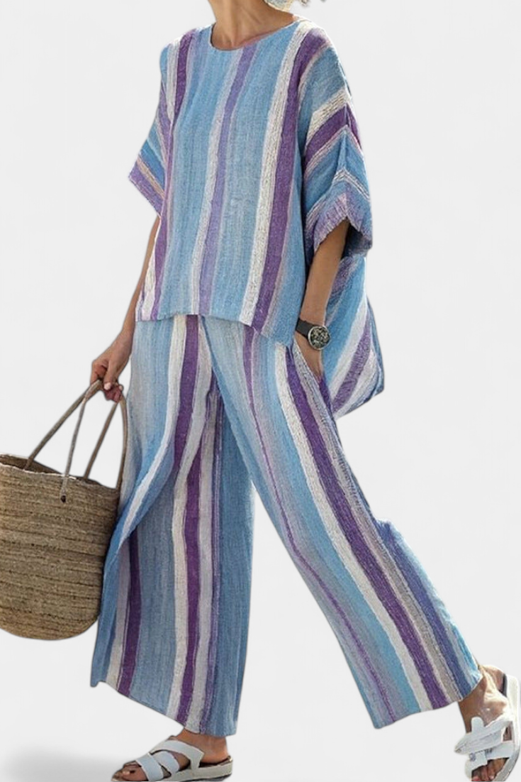 Elegant Daisy Stripe Set in Mauve and Pastel Blue for a Sophisticated Look