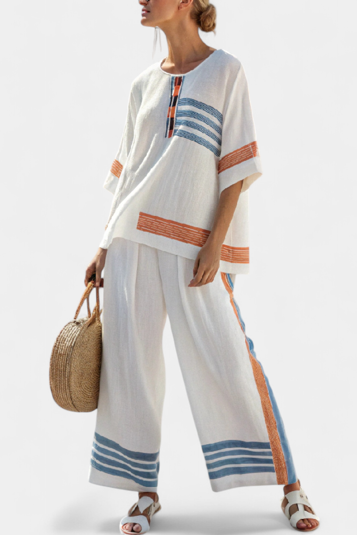 Ethnic Daisy Set in White with Blue and Orange Striped Details – Unique and Vibrant Style