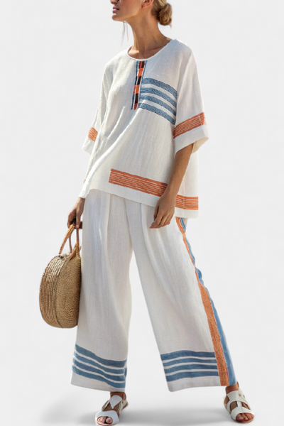 Ethnic Daisy Set in White with Blue and Orange Striped Details – Unique and Vibrant Style
