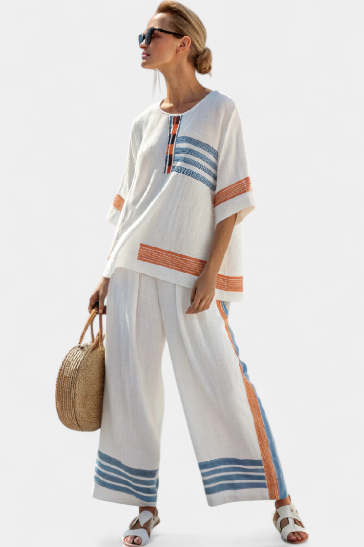 Ethnic Daisy Set in White with Blue and Orange Striped Details – Unique and Vibrant Style