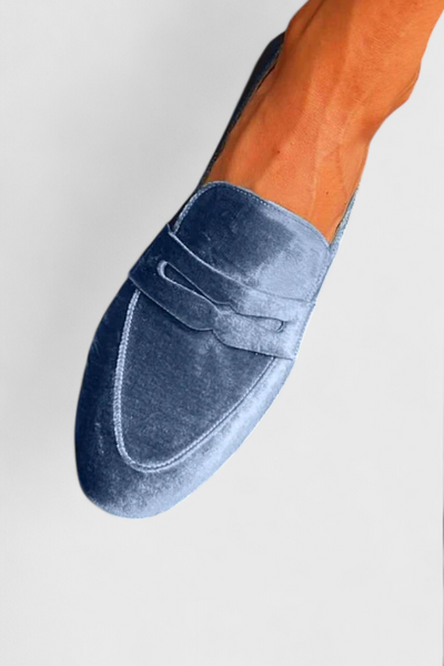 Linica Blue Velvet Loafers with Patchwork Details and Round Toe