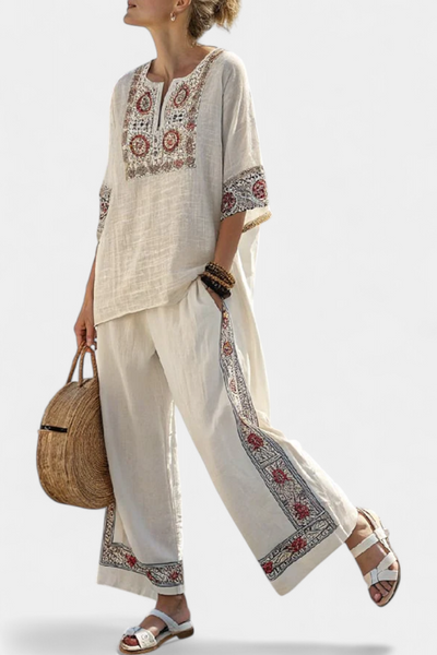 Mediterranean Daisy Outfit in Bamboo Linen with Elegant Red and Green Stripes