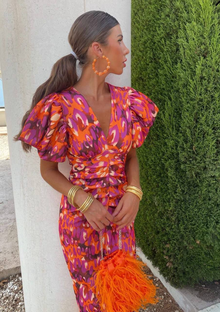 Arielle™ | Colourful Midi Dress with Pleated Sleeves