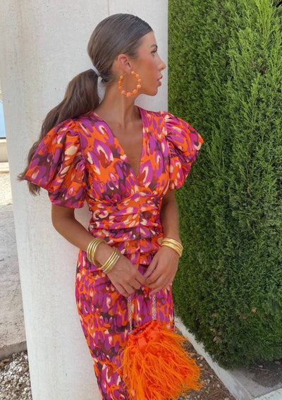 Arielle™ | Colourful Midi Dress with Pleated Sleeves