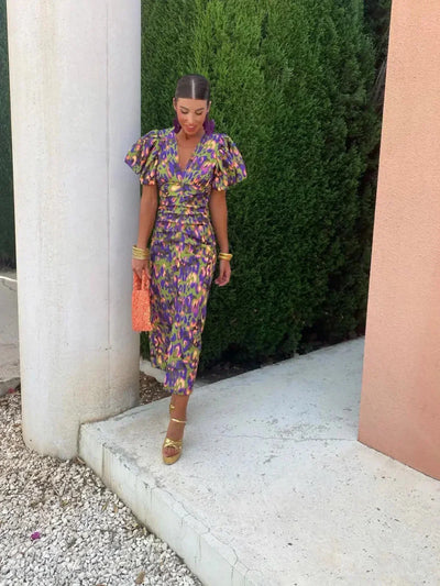 Arielle™ | Colourful Midi Dress with Pleated Sleeves