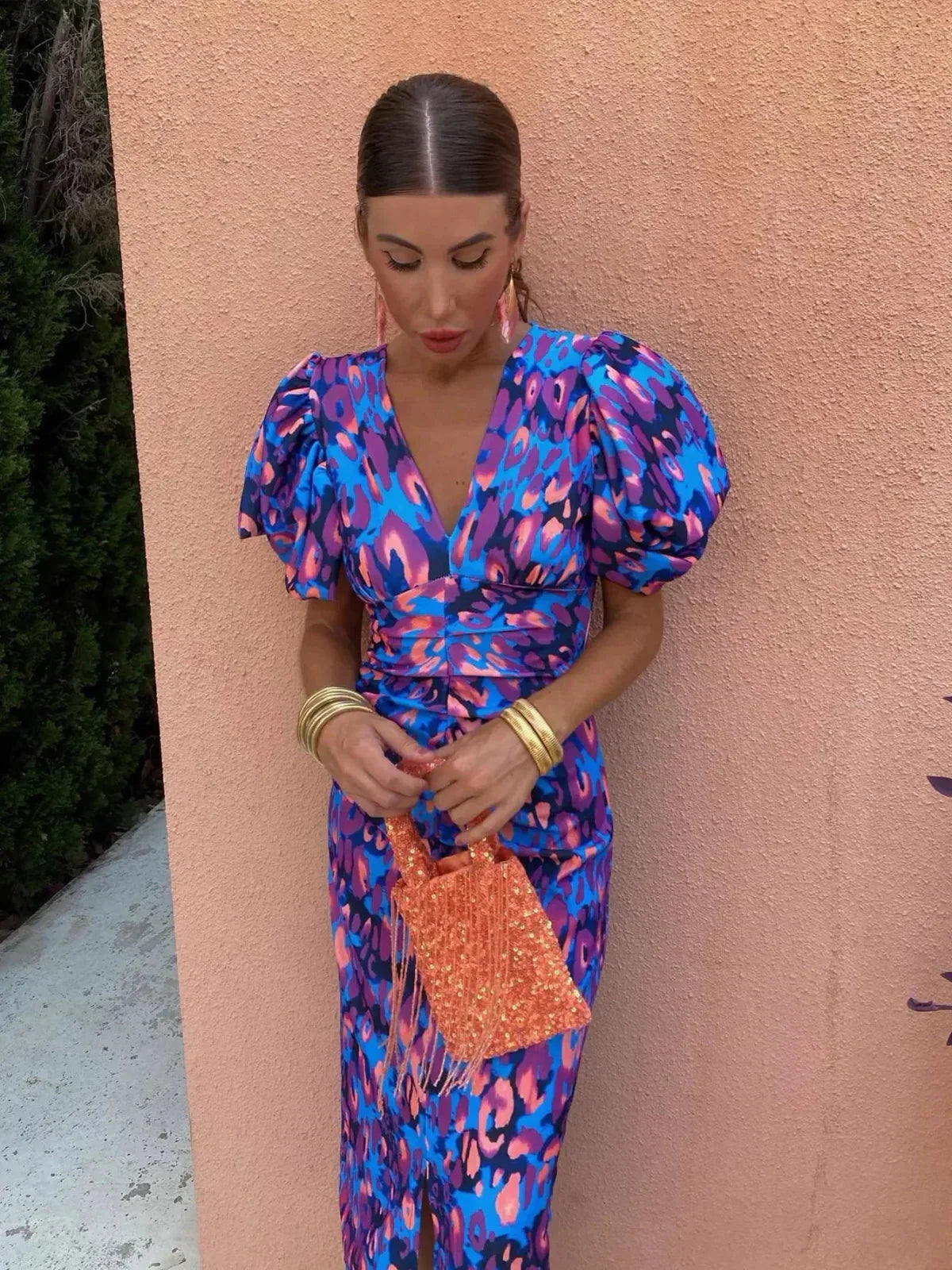 Arielle™ | Colourful Midi Dress with Pleated Sleeves
