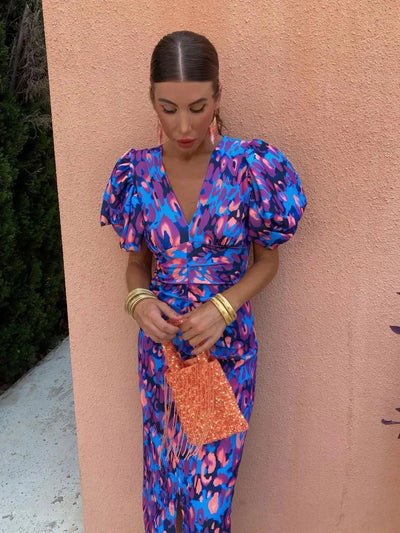 Arielle™ | Colourful Midi Dress with Pleated Sleeves