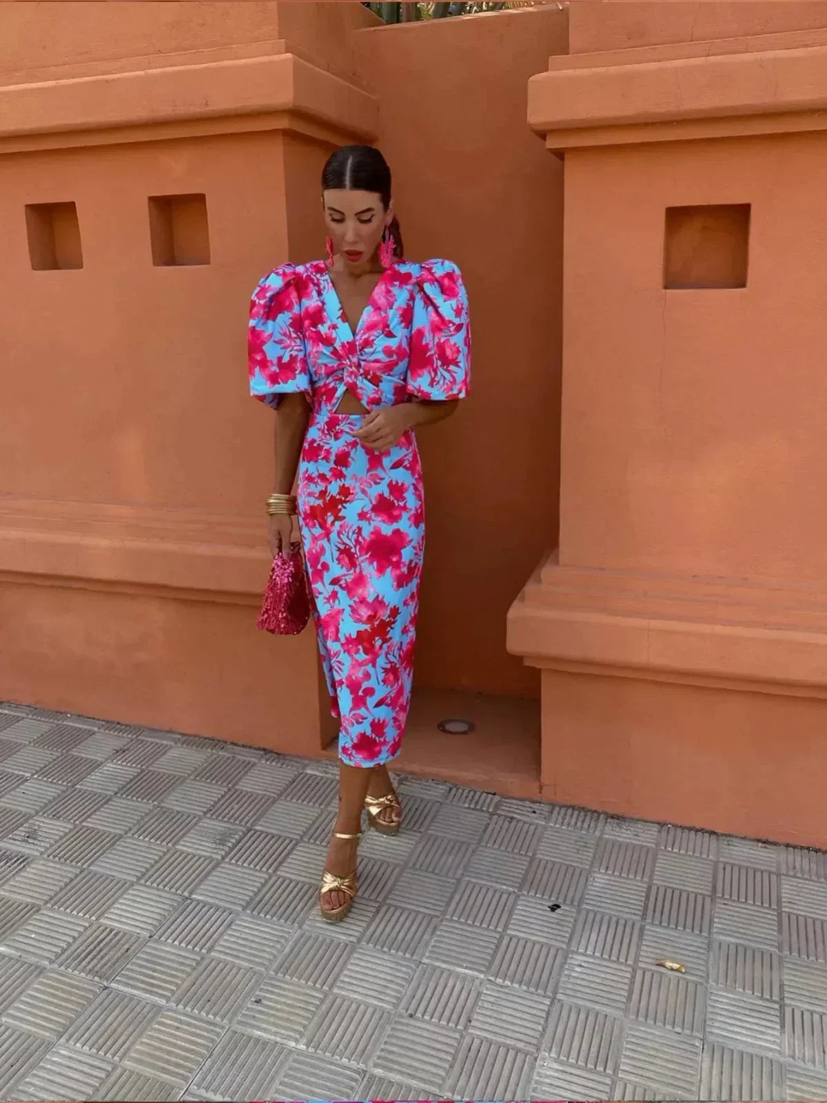 Arielle™ | Colourful Midi Dress with Pleated Sleeves