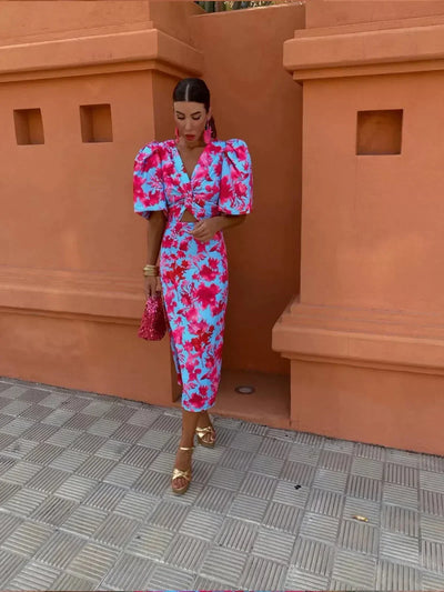 Arielle™ | Colourful Midi Dress with Pleated Sleeves