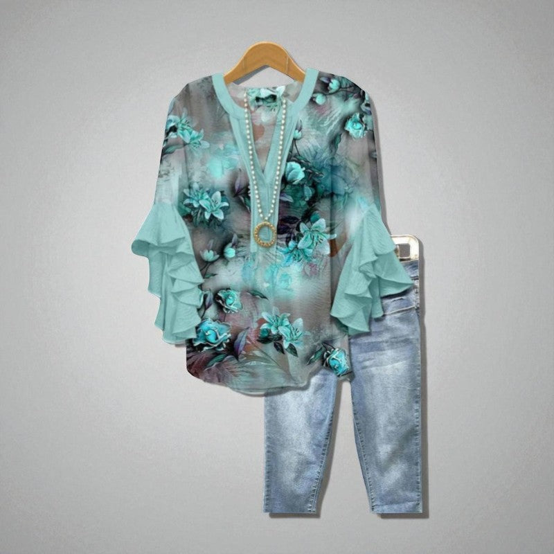 Sylviane – Mint Green Blouse with Artistic Floral Print